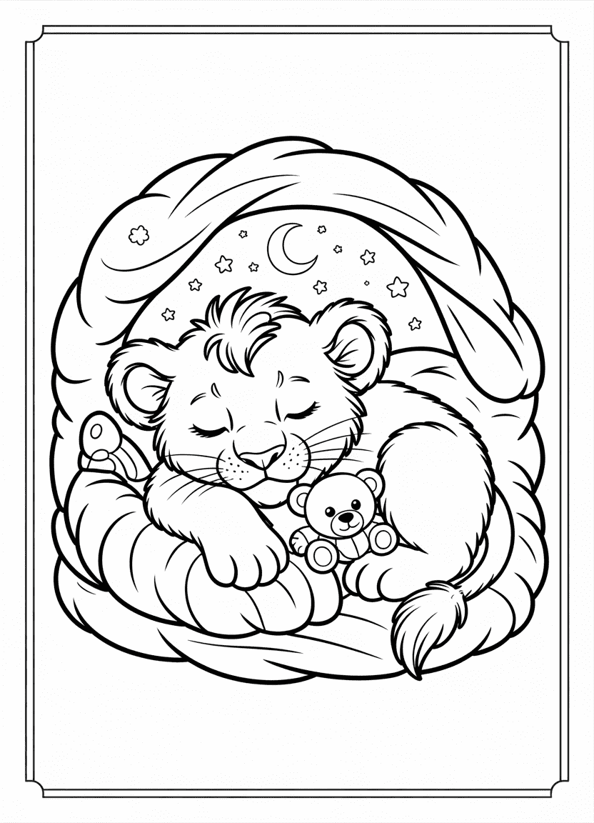 Sleepy lion cub snuggling with a teddy bear under a starry sky