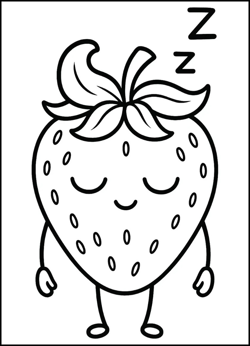 Sleepy strawberry character with closed eyes and Zzz’s for coloring