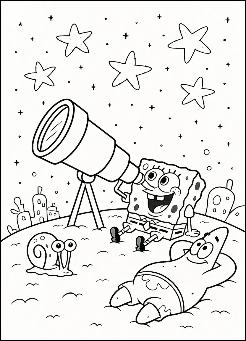 SpongeBob, Patrick, and Gary stargazing from a coral cliff