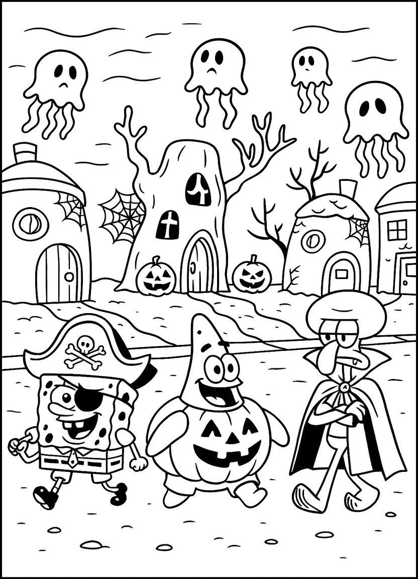 SpongeBob, Patrick, and Squidward in Halloween costumes on a spooky street