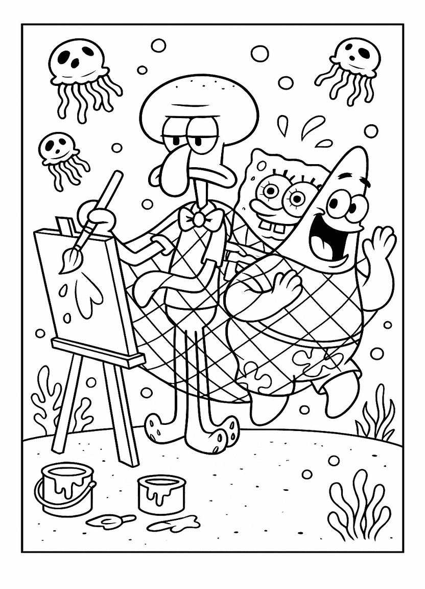 SpongeBob, Patrick, and Squidward trapped in a net