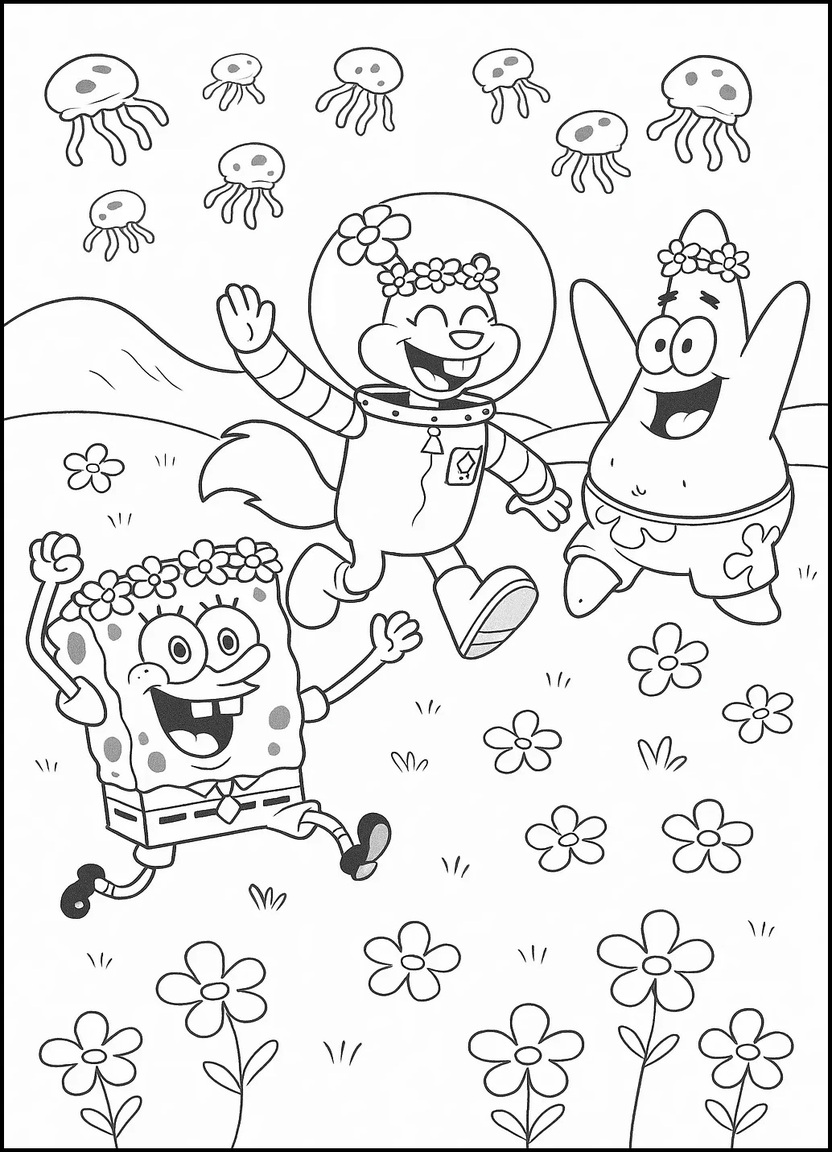SpongeBob, Sandy, and Patrick dancing in a field of jellyfish