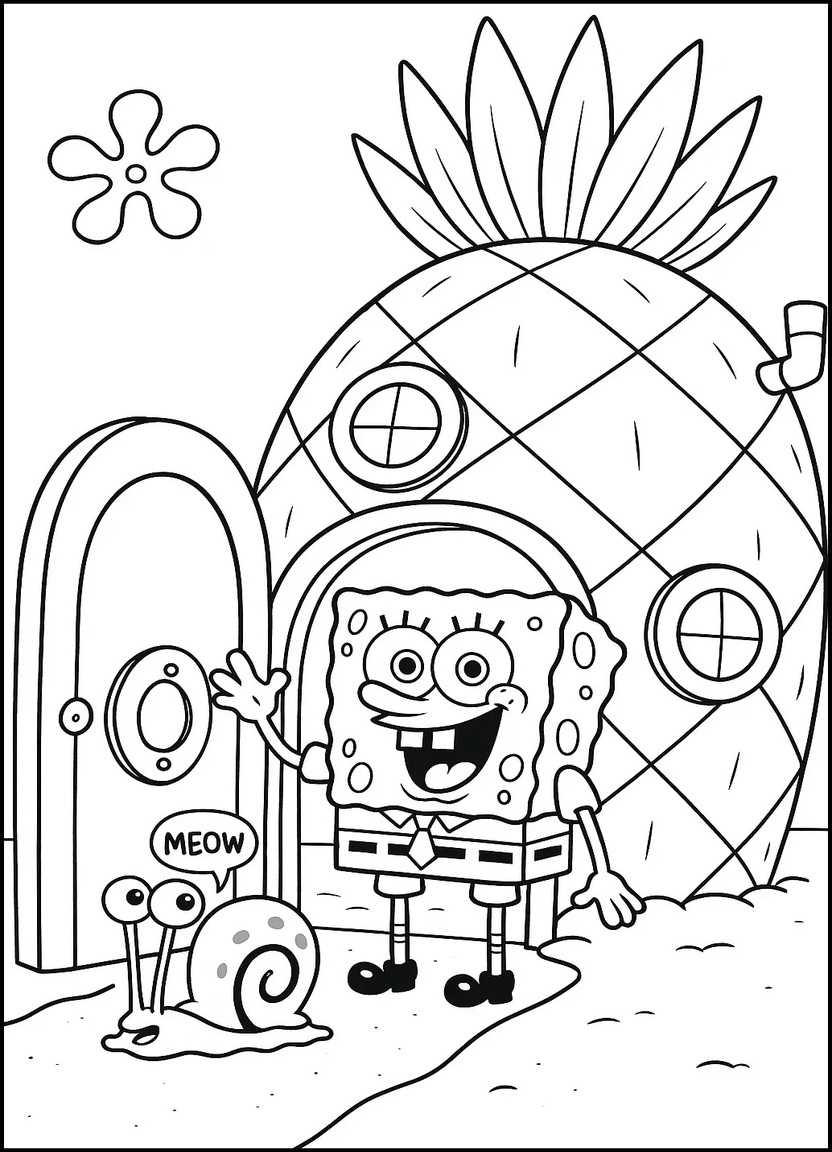 SpongeBob and Gary in front of the pineapple house