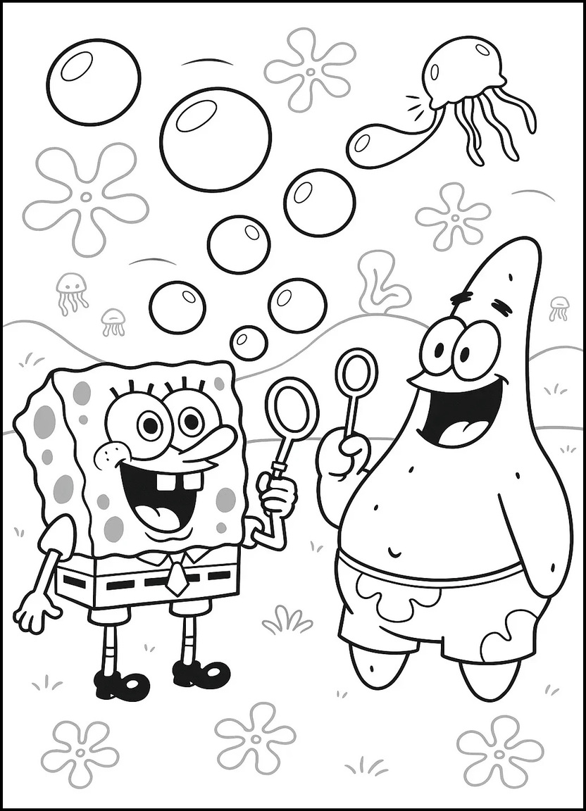 SpongeBob and Patrick blowing bubbles in Jellyfish Fields