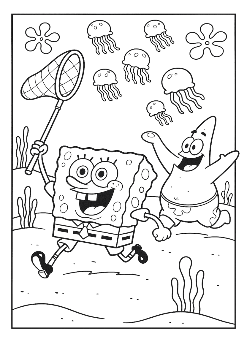 SpongeBob and Patrick catching jellyfish in Jellyfish Fields