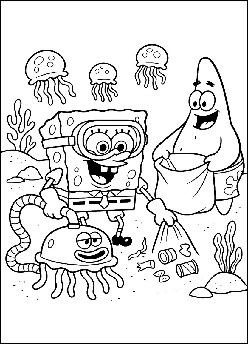 SpongeBob and Patrick cleaning Bikini Bottom with a jellyfish vacuum