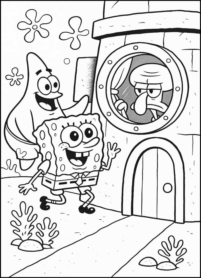 SpongeBob and Patrick spying on Squidward