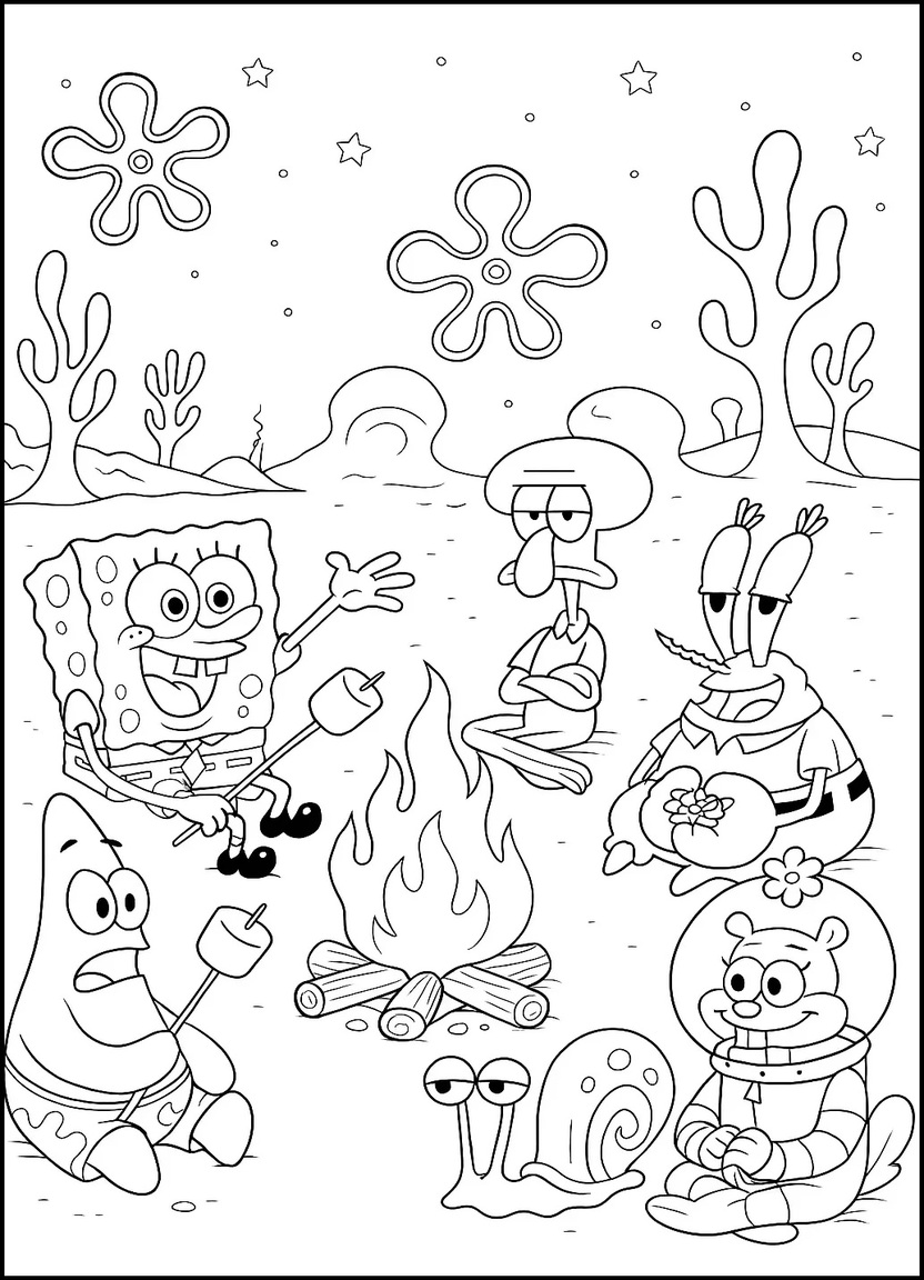 SpongeBob and friends around a campfire