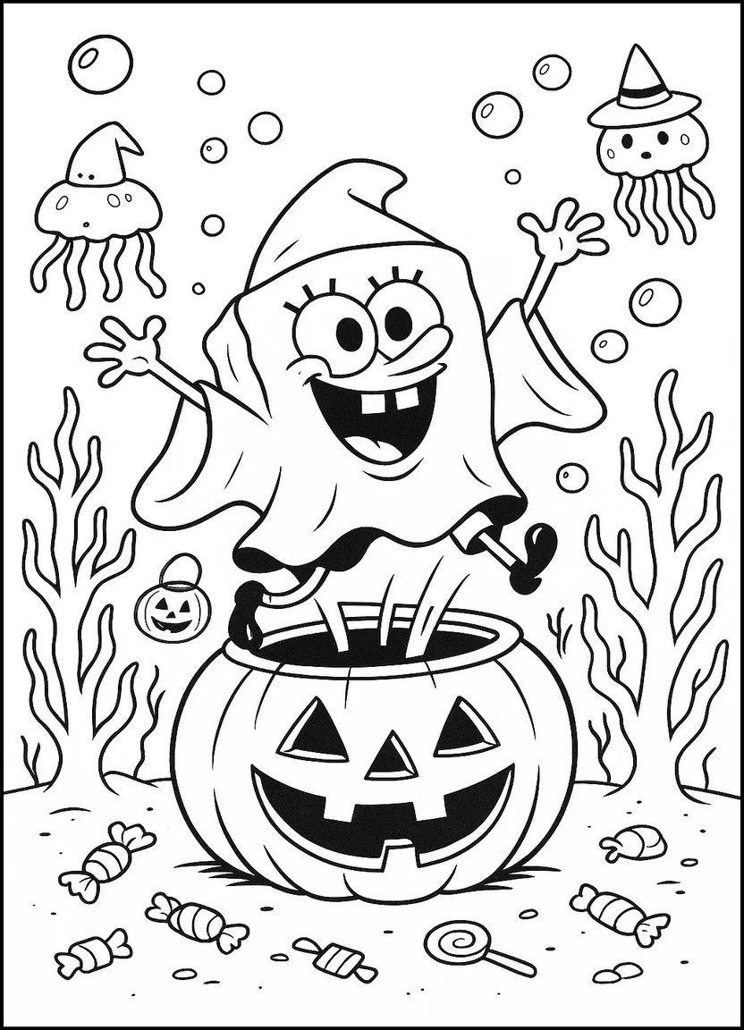 SpongeBob as a ghost inside a jack-o-lantern