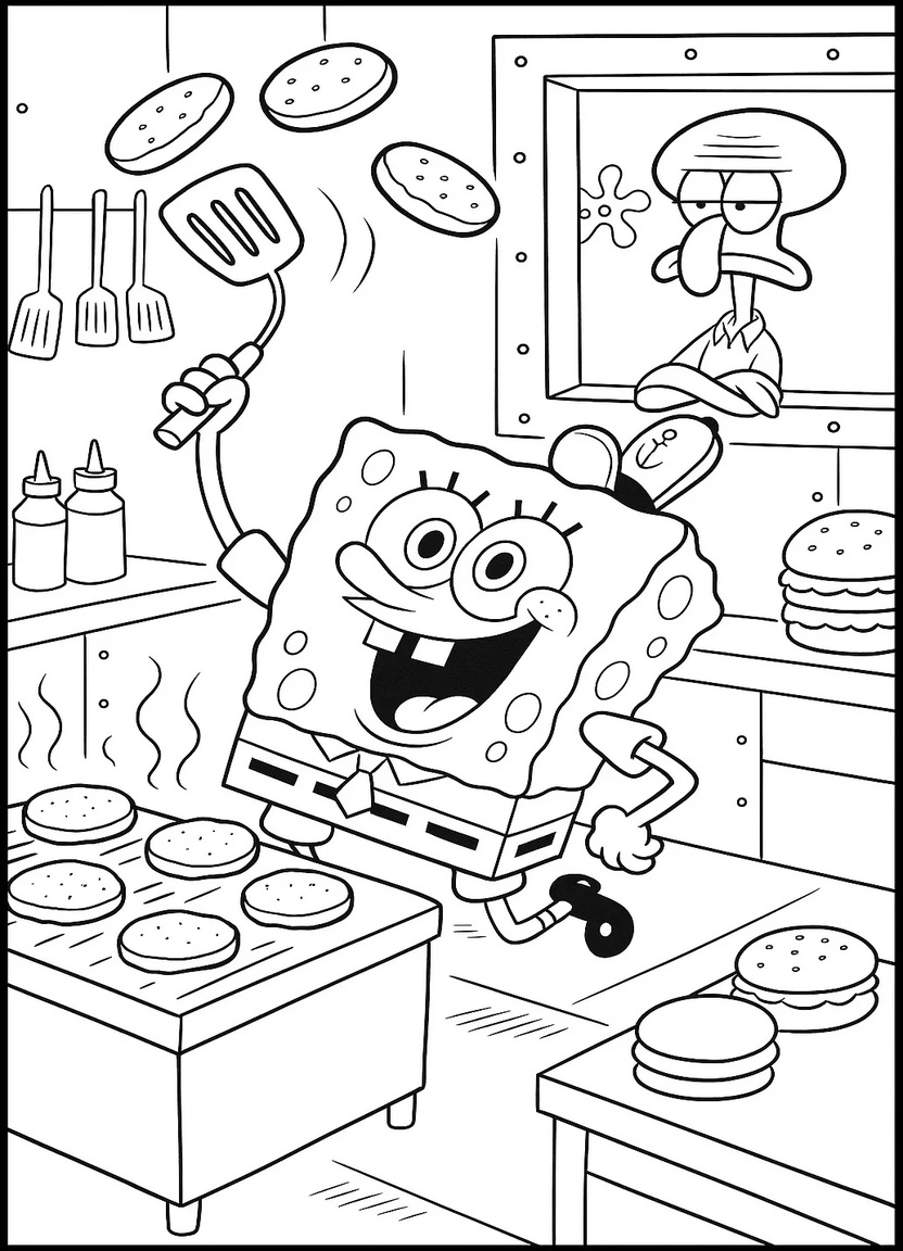 SpongeBob cooking Krabby Patties with Squidward watching