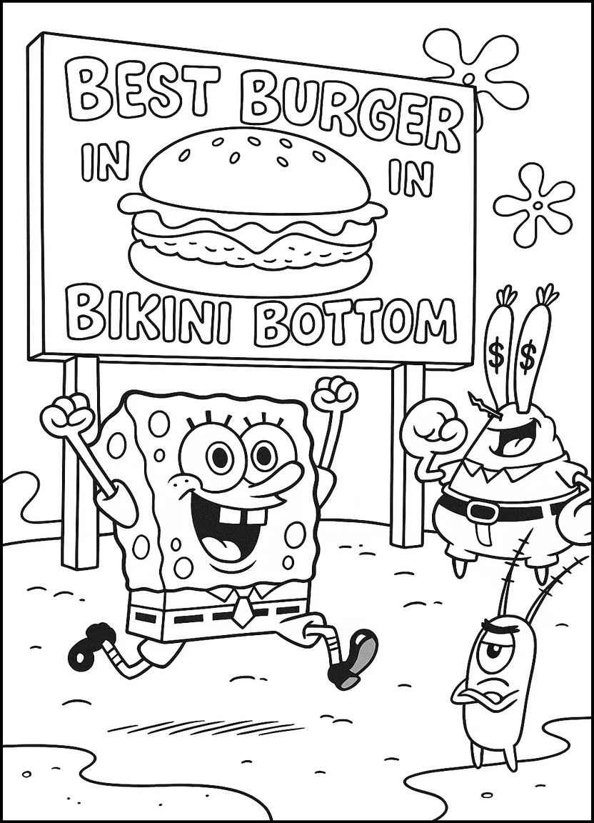 SpongeBob jumping near a Krabby Patty ad with Mr. Krabs and Plankton