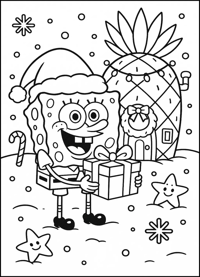 SpongeBob wearing a Santa hat holding a present in the snow
