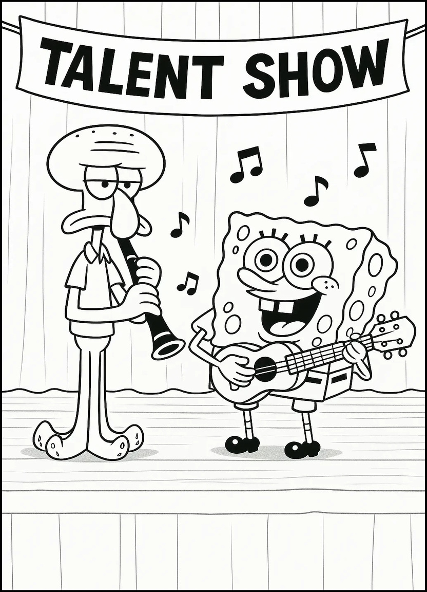 Squidward and SpongeBob performing in a talent show