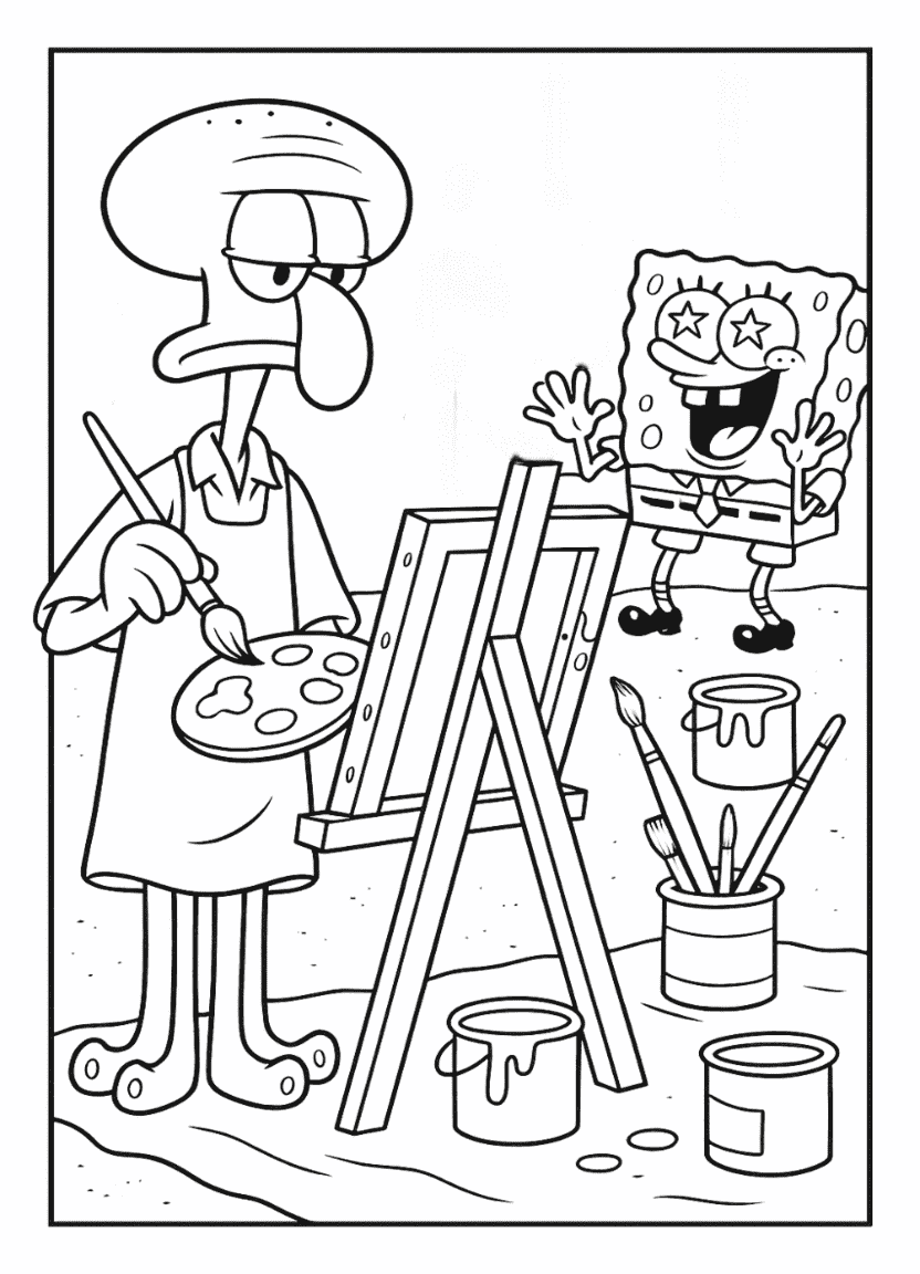 Squidward painting with SpongeBob messing it up