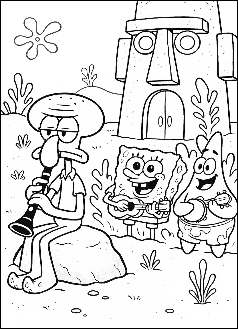 Squidward playing clarinet while SpongeBob and Patrick peek with instruments