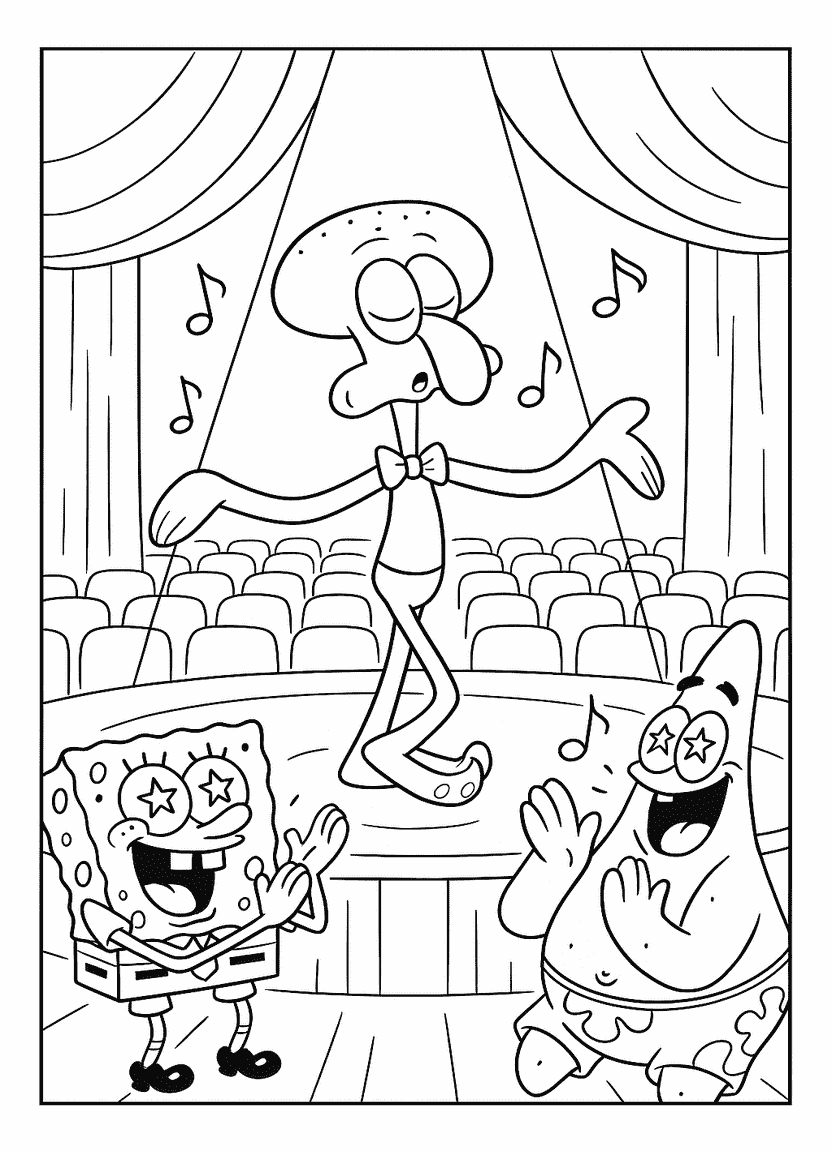 Squidward playing clarinet with SpongeBob and Patrick clapping
