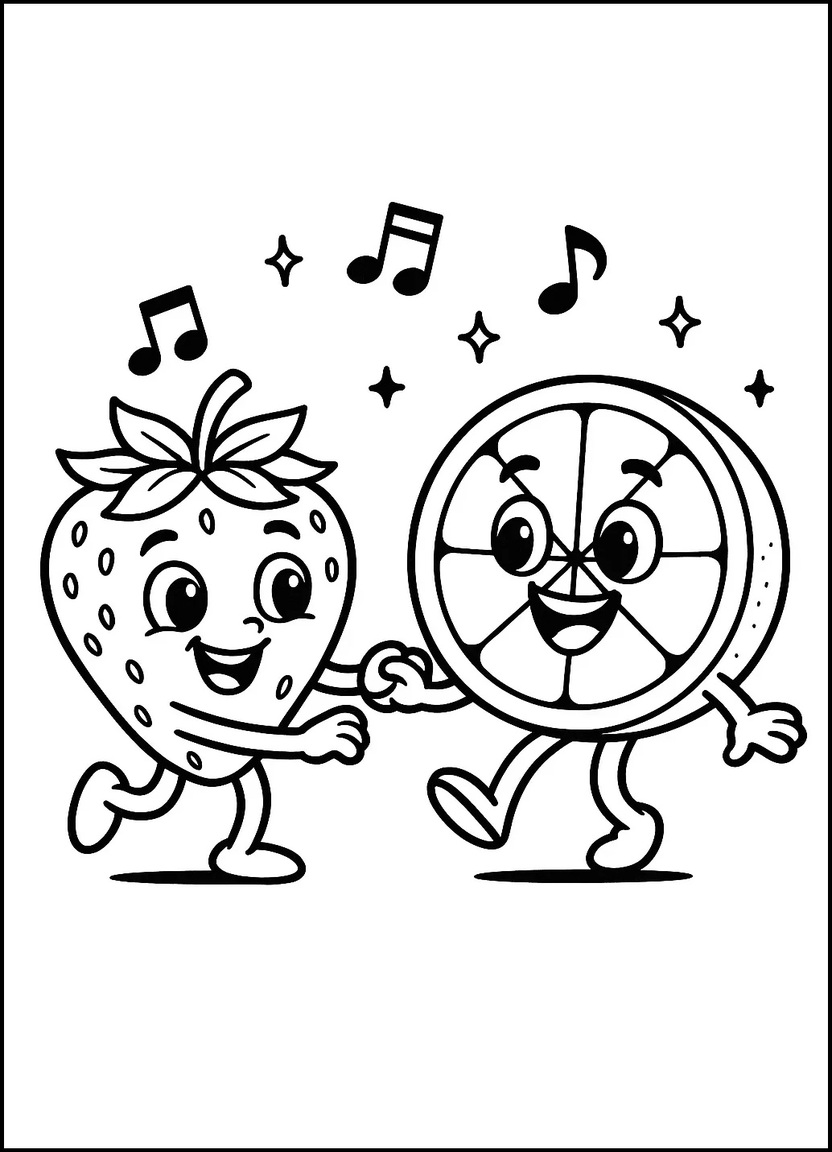 Strawberry and orange characters dancing with music notes for coloring