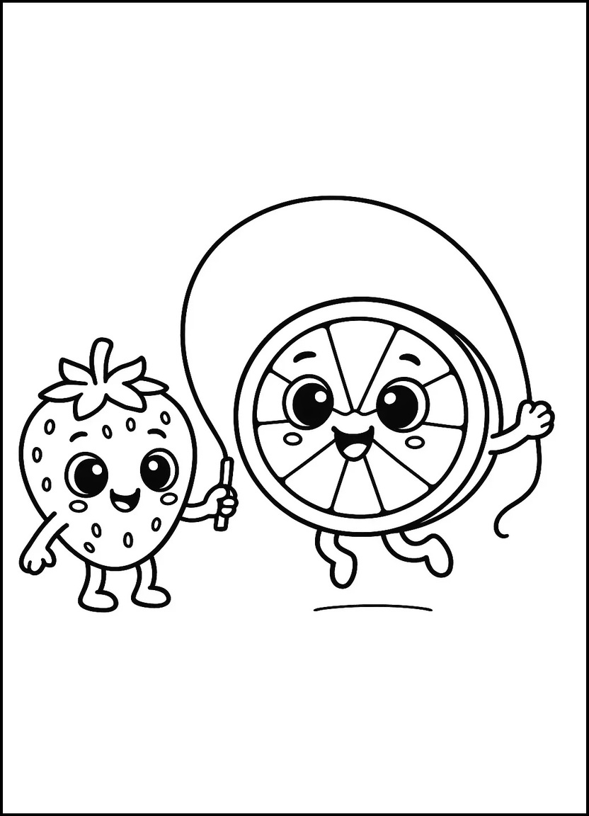 Strawberry and orange characters playing jump rope for coloring