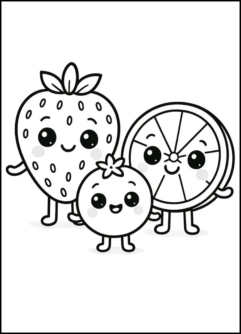 Strawberry, blueberry, and orange characters posing together for coloring page