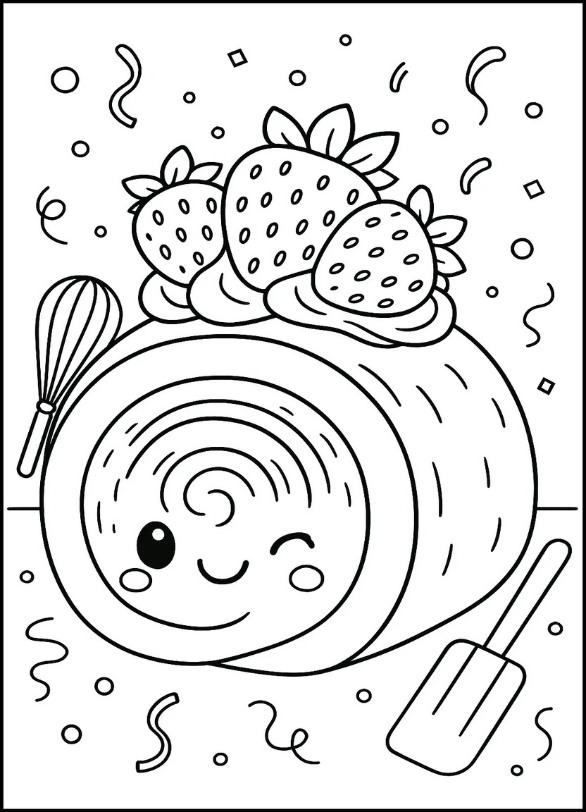 Strawberry cake roll with cream and cute face for coloring page