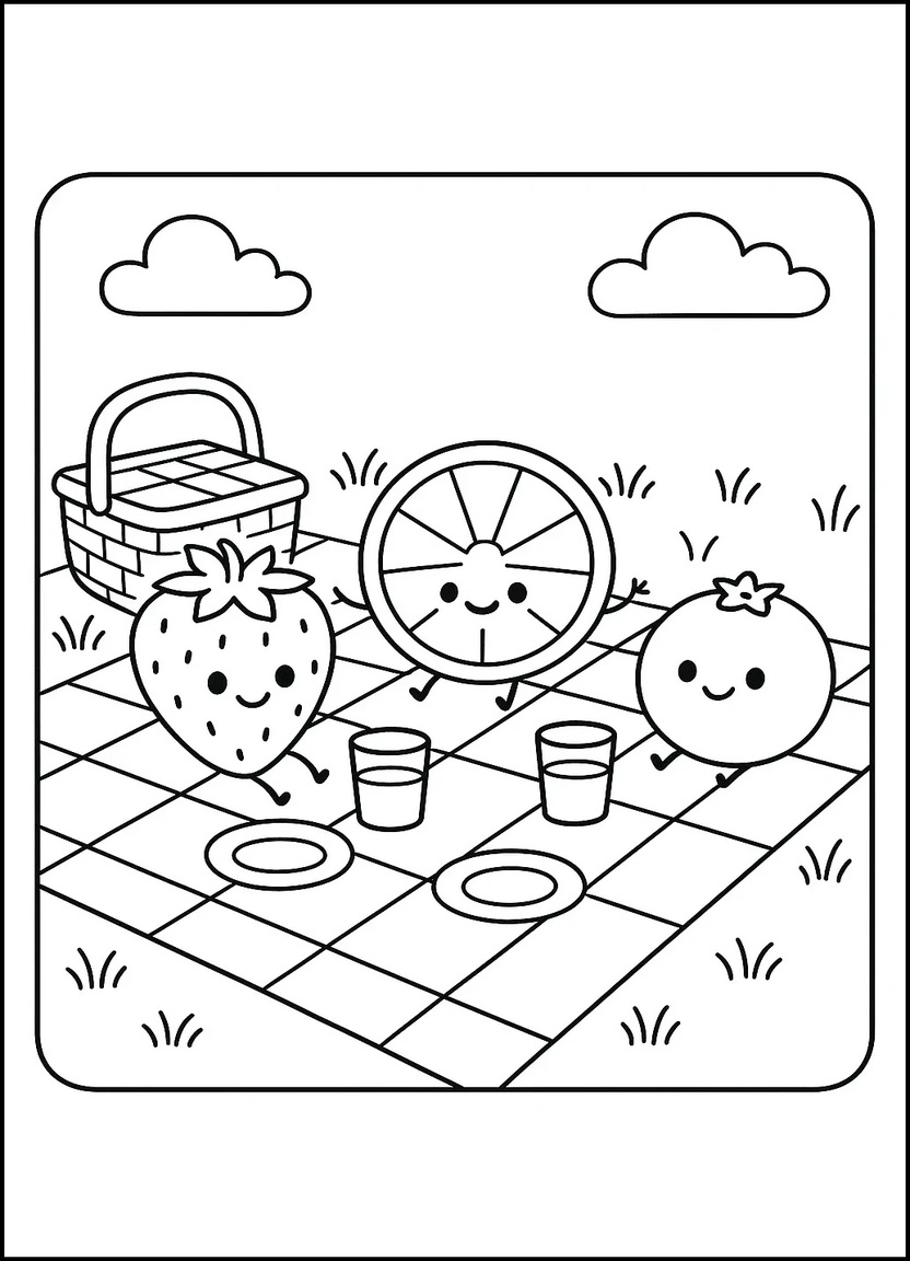 Strawberry, orange, and blueberry characters having a picnic for coloring page