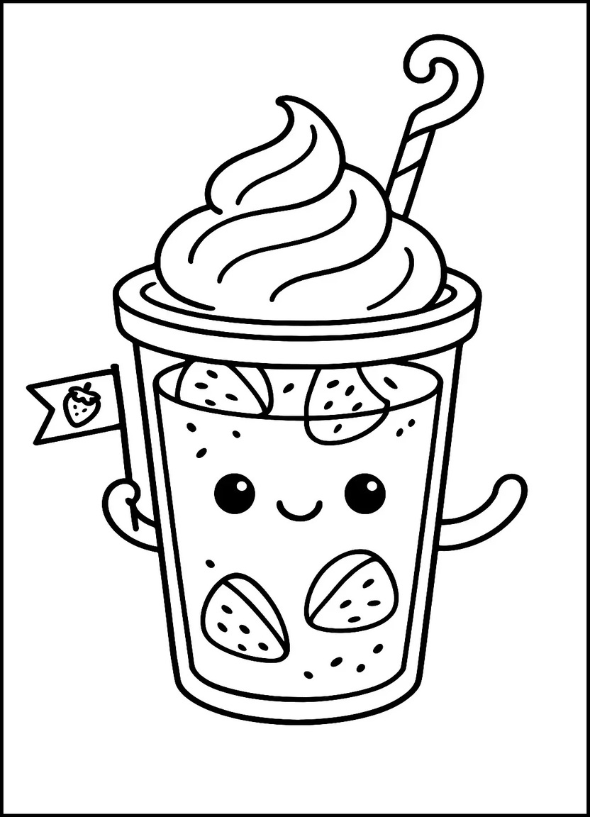 Strawberry smoothie cup with cute face and straw, for fun coloring page