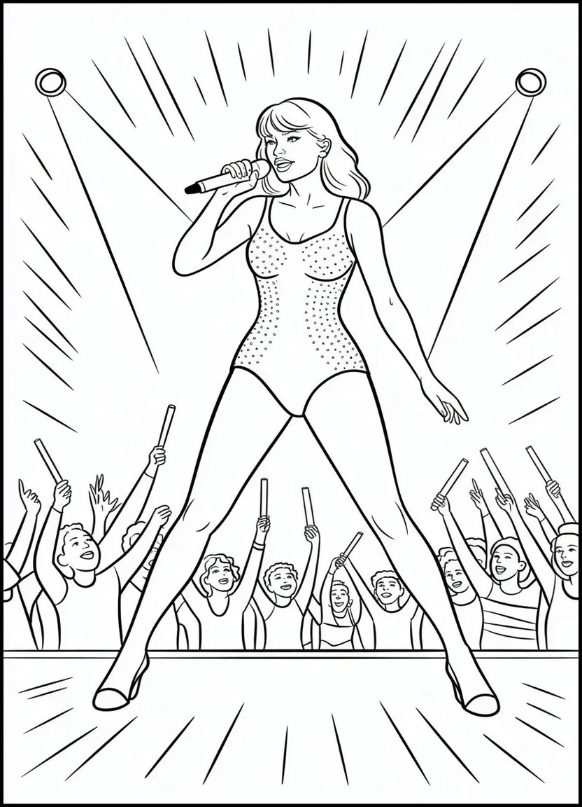 Taylor Swift on stage in sparkly Eras Tour outfit with spotlight beams and crowd background