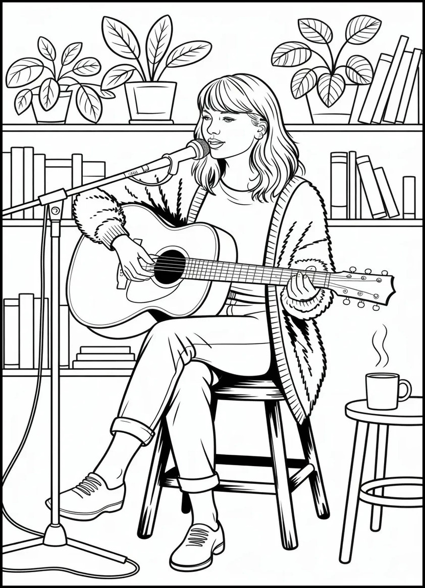 Taylor Swift performing acoustic set with guitar in cozy indoor setting
