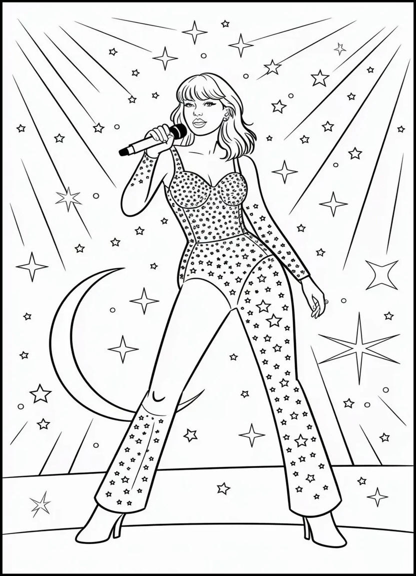 Taylor Swift performing in starry jumpsuit with moon props from Midnights era concert