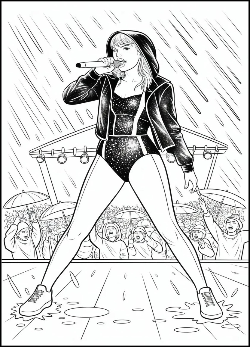 Taylor Swift singing in the rain during Reputation Tour with hooded jacket and dramatic stage lights.

