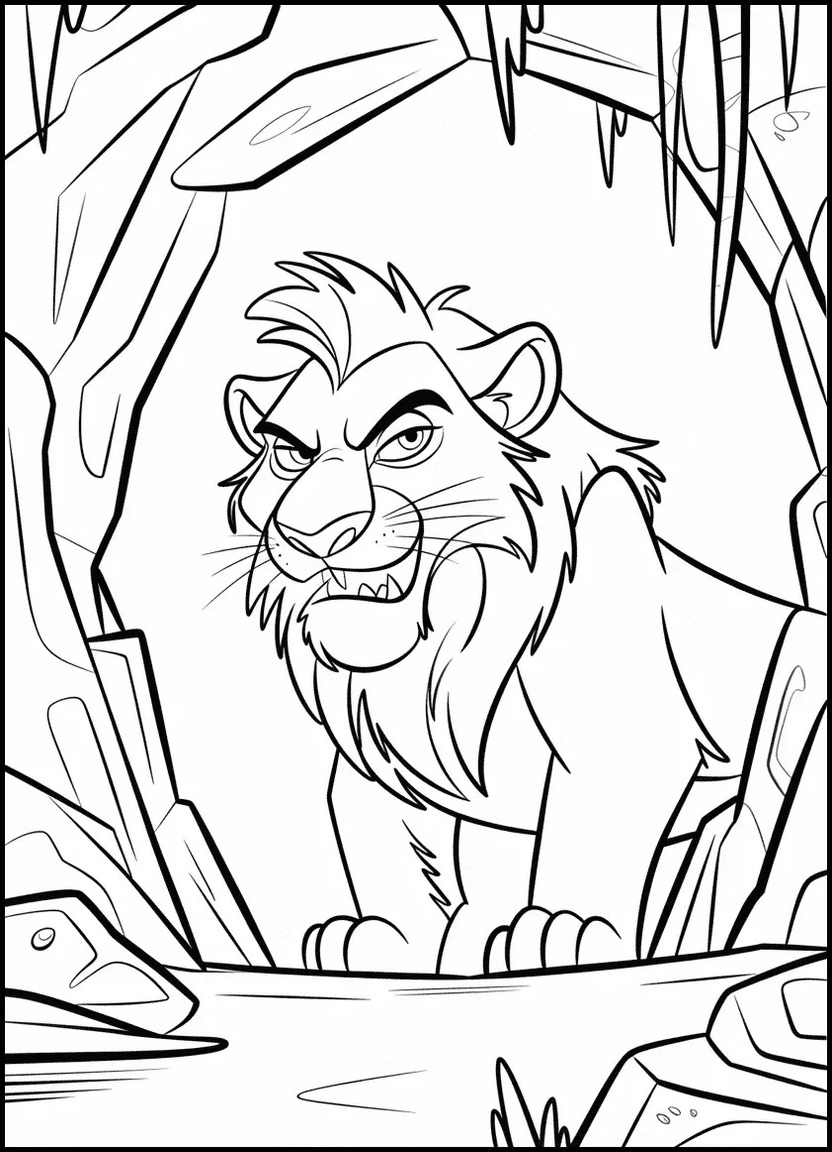 Villainous cartoon lion lurking in shadows, inspired by Scar