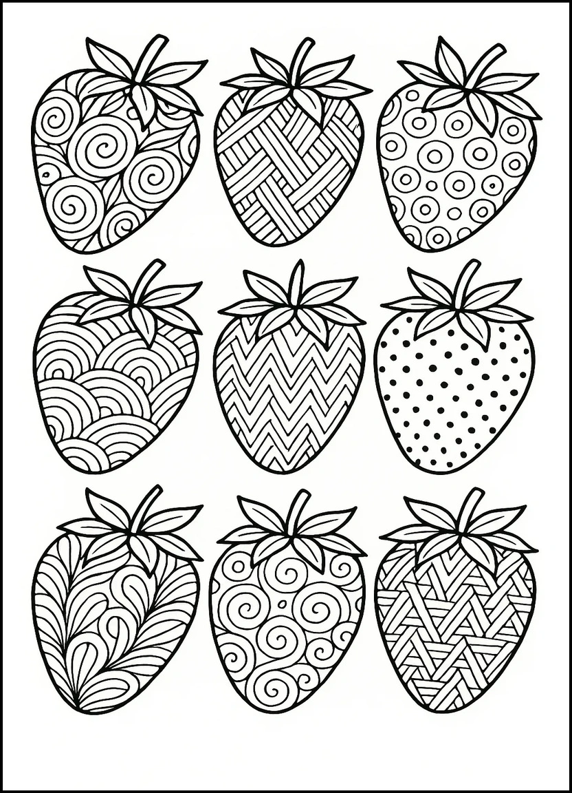 Zentangle-style strawberries filled with detailed patterns for adult coloring