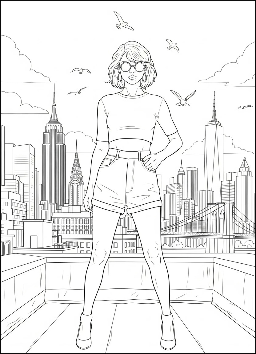 1989-era Taylor Swift line art on a New York rooftop with retro fashion and city skyline