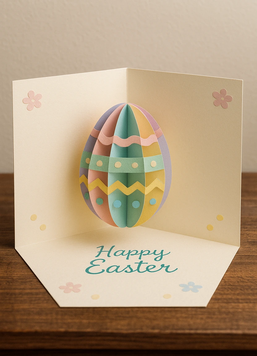3D Easter egg pop-up card made from colored pages, decorated with pastel designs.
