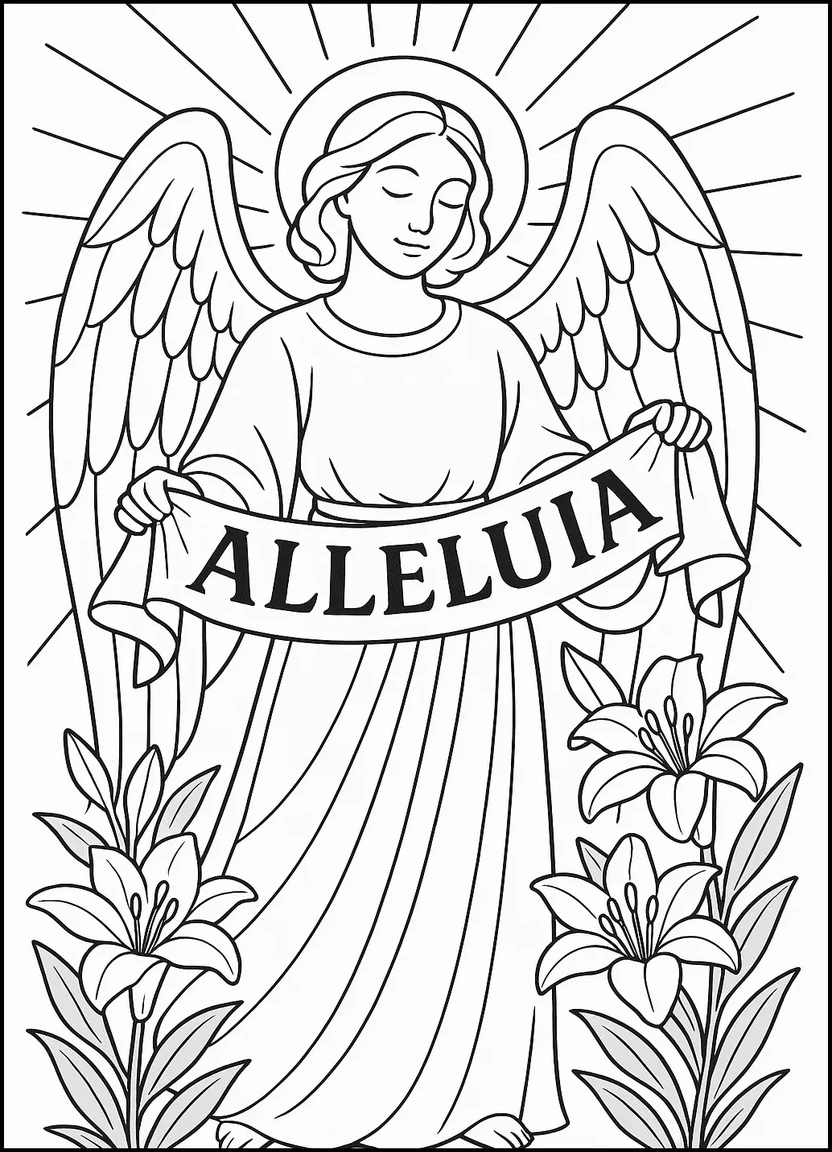 Angel holding Alleluia banner with lilies Easter coloring page