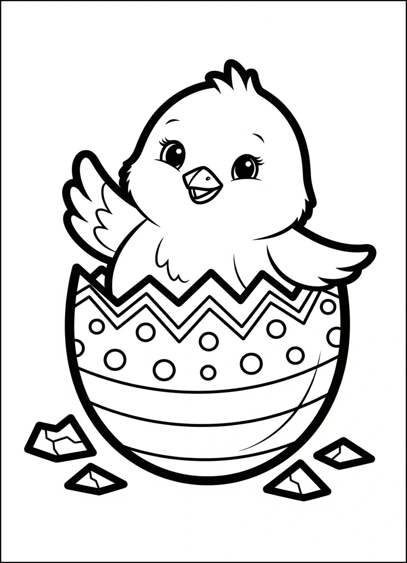 Baby chick hatching from Easter egg coloring page