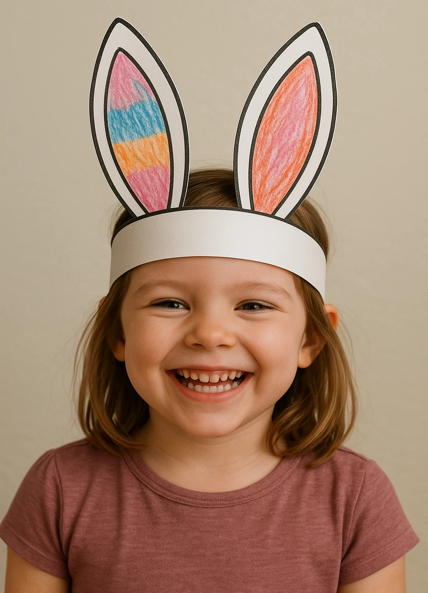 Bunny ears headband craft made from colored bunny ear pages, worn as a costume.