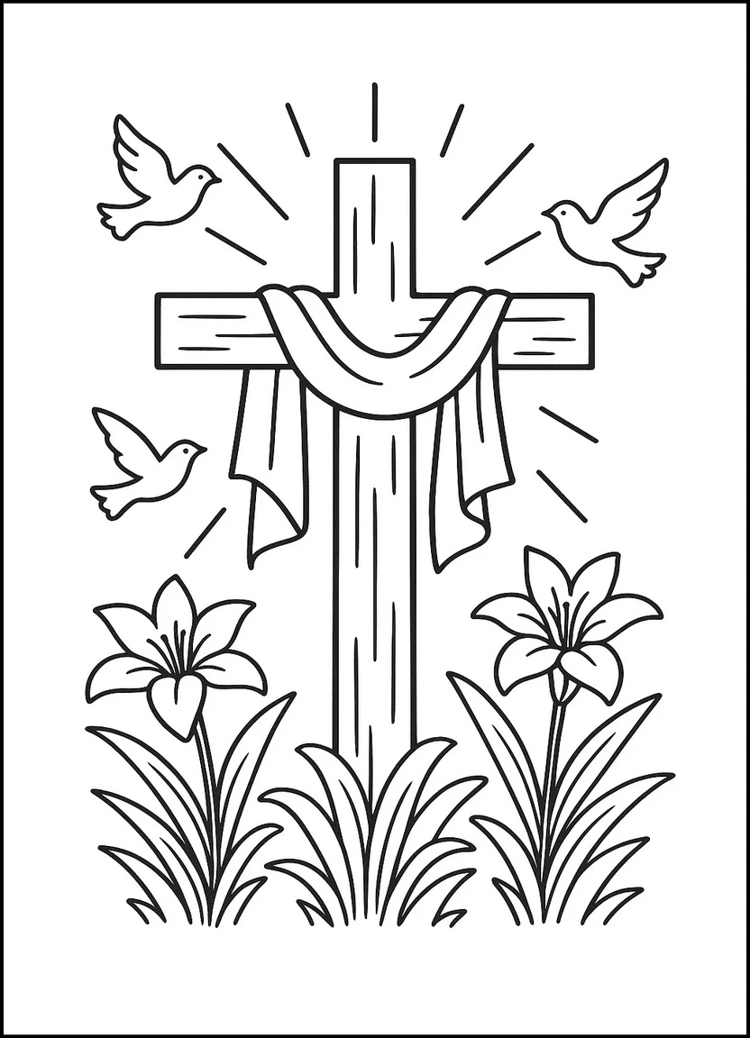 Cross with lilies and draped cloth Easter coloring page