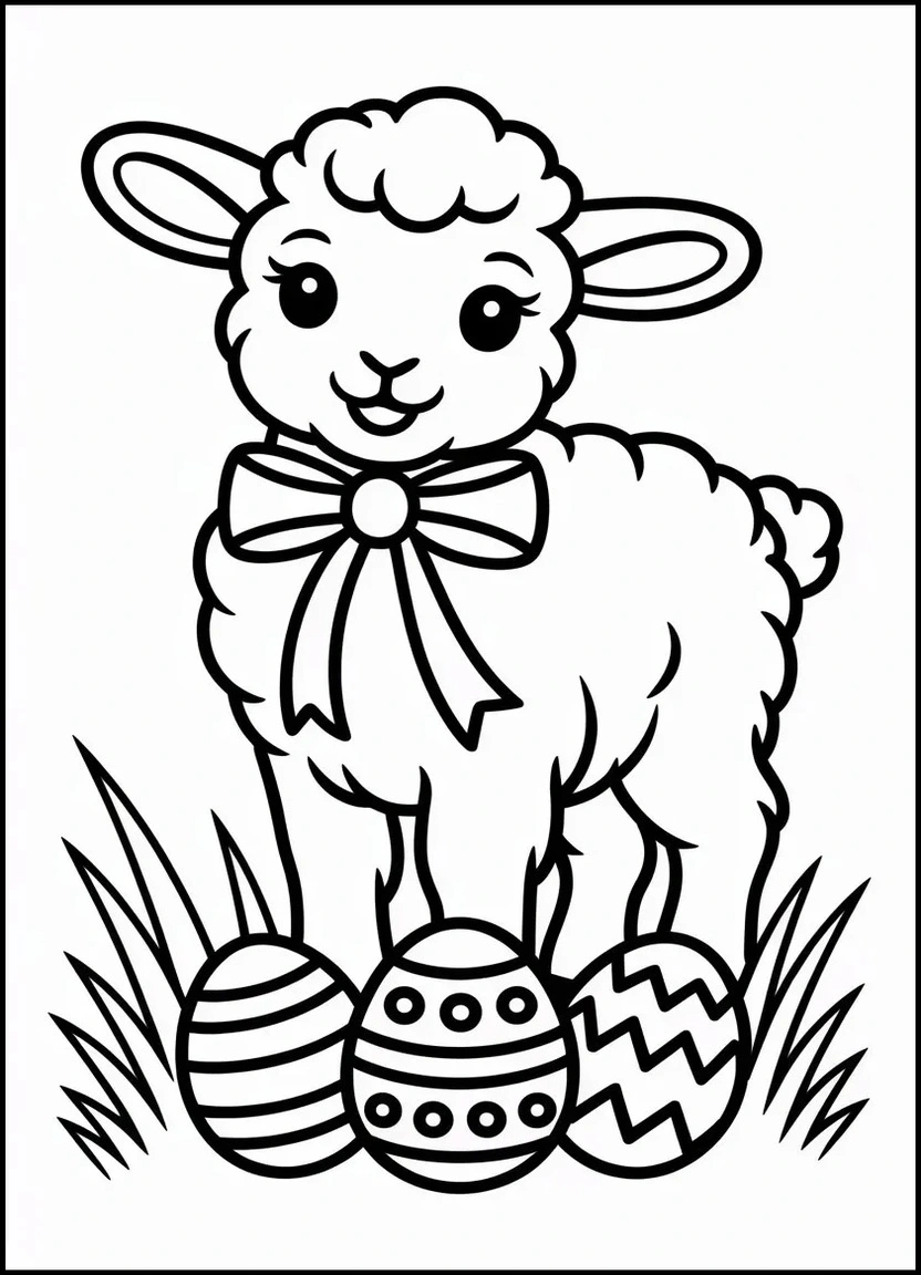 Cute Easter lamb with bow and eggs coloring page