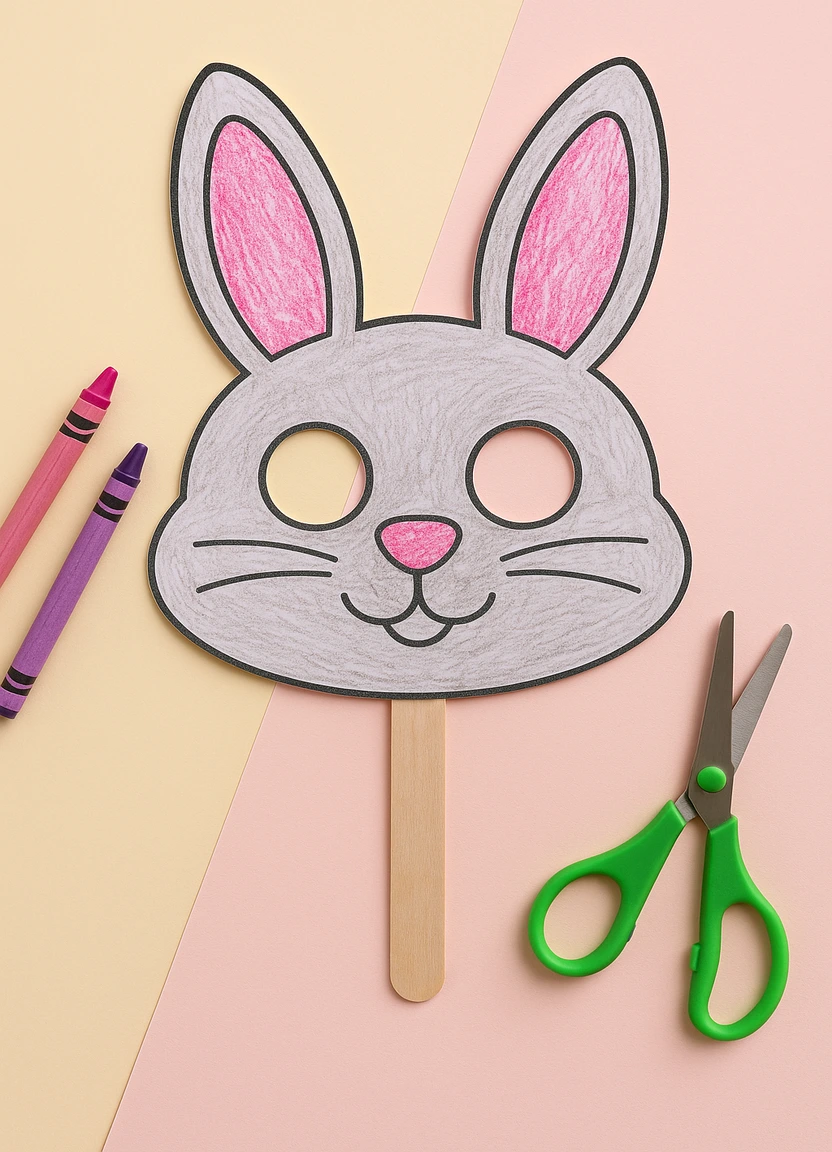 DIY bunny mask craft made from a colored Easter bunny page with cut-out eyes and a popsicle stick handle.