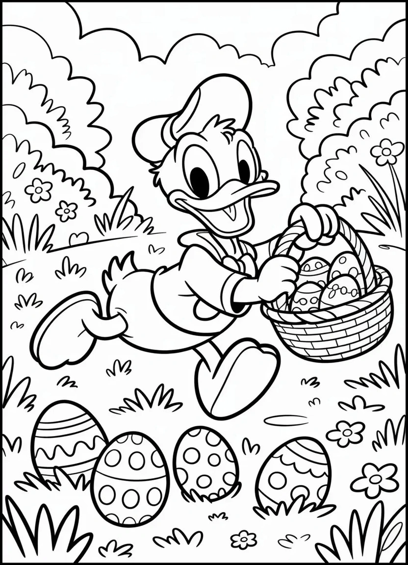 Donald Duck Easter egg hunt coloring page