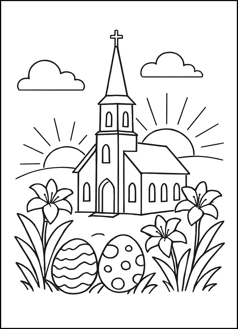 Easter Sunday church with lilies and eggs coloring page
