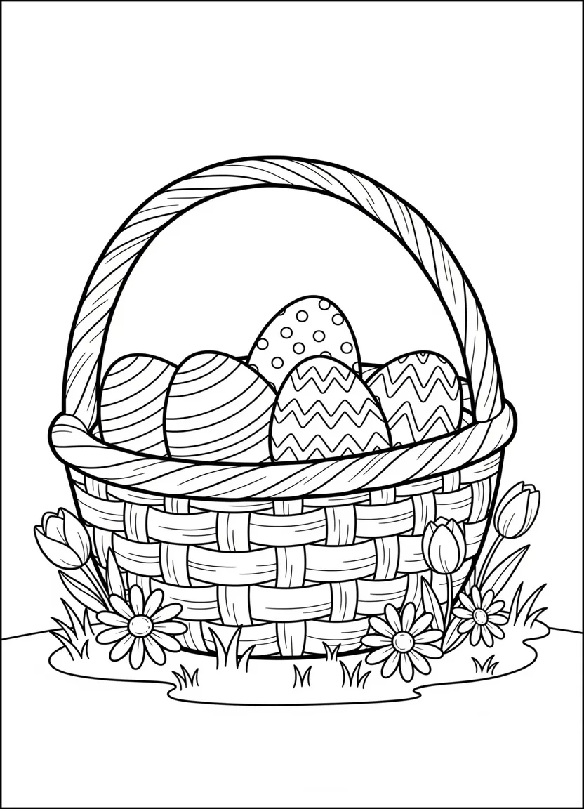 Easter basket in meadow with eggs coloring page