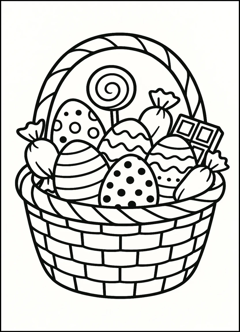 Easter basket with eggs and candies coloring page