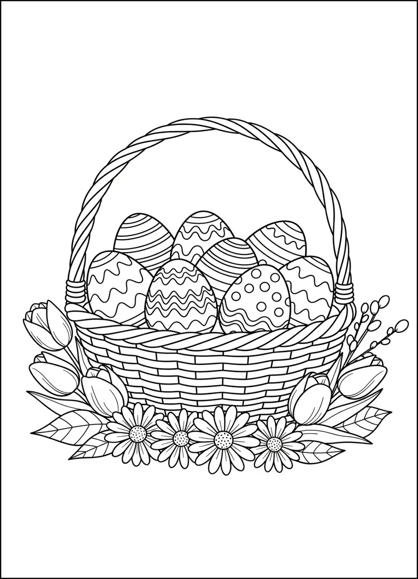 Easter basket with flowers and eggs coloring page
