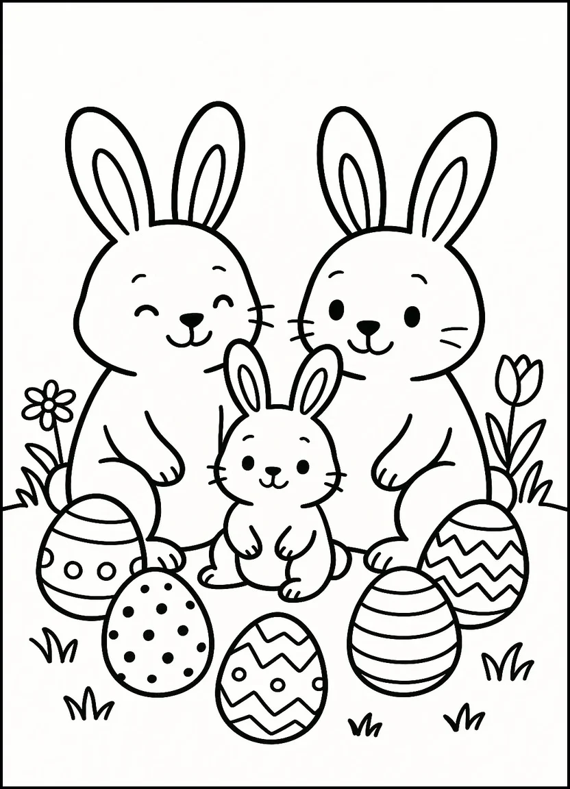 Easter bunny family with eggs coloring page