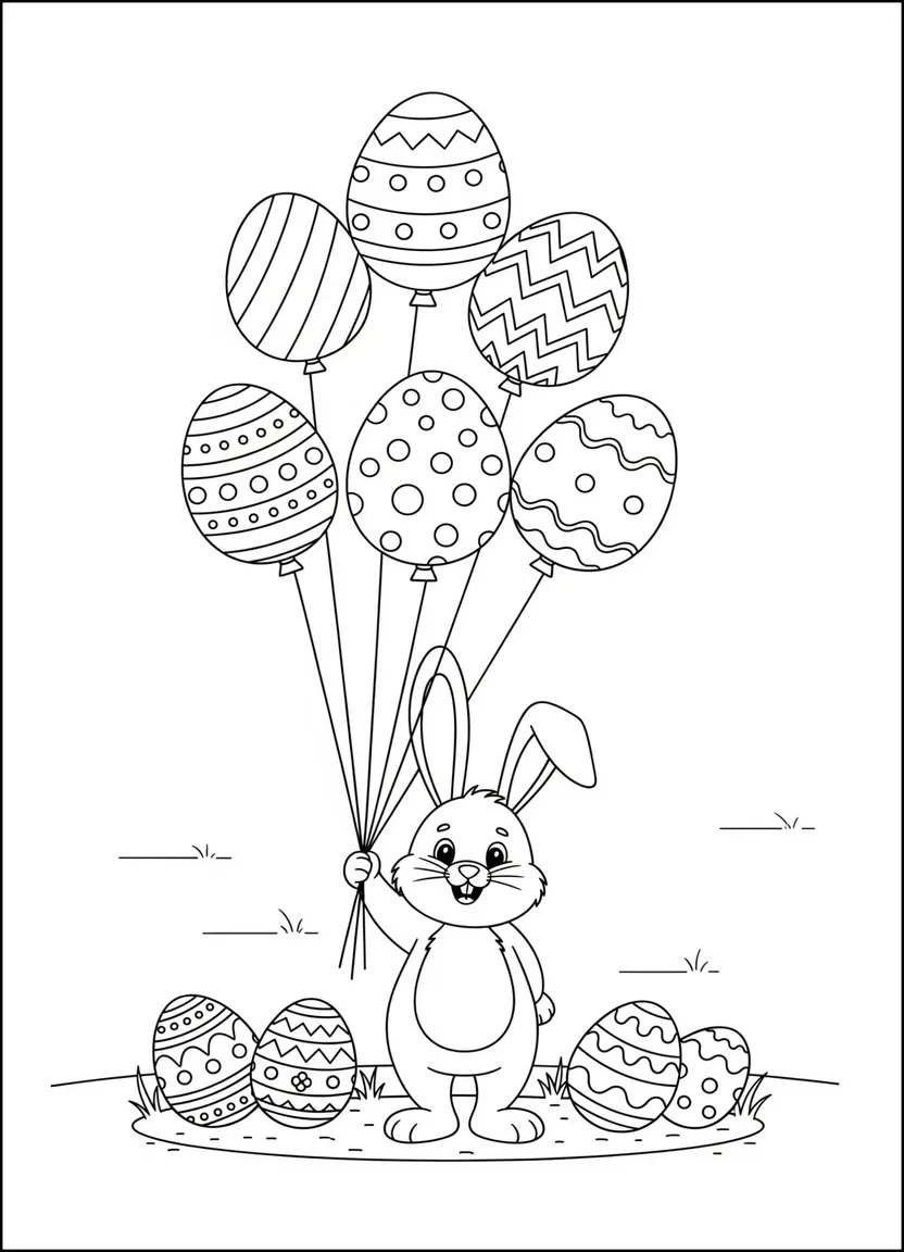 Easter bunny holding Easter egg balloons coloring page