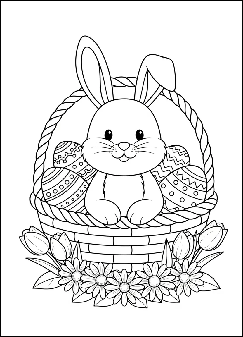 Easter bunny in an Easter basket coloring page