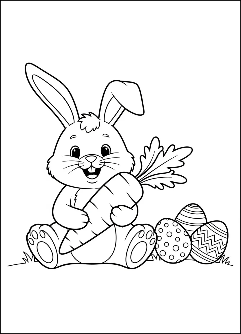 Easter bunny with carrot and eggs coloring page