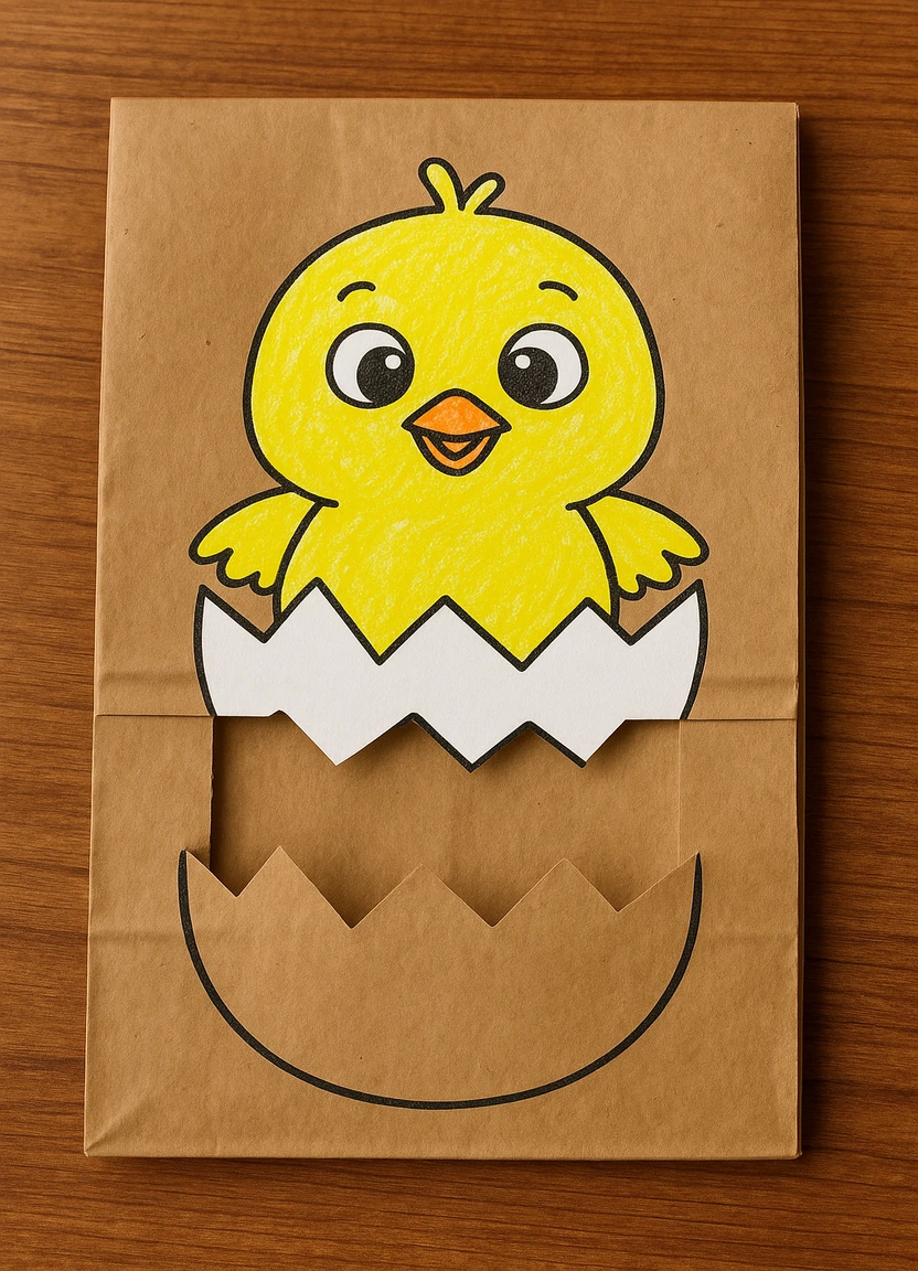 Easter chick hatching craft with a colored chick inside a paper bag flap.